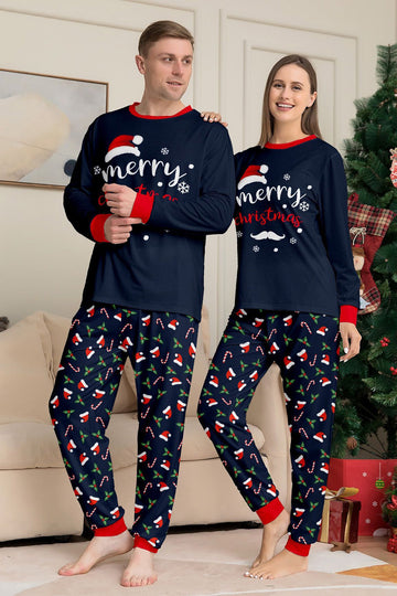 Ensemble de pyjama assorti familial imprimé Joyeux Noël bleu marine